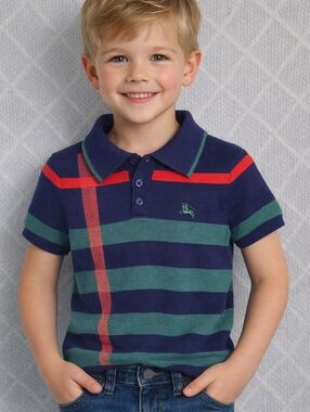 Children's Striped Polo Shirt in Navy, Green & Red - Classic Short Sleeve